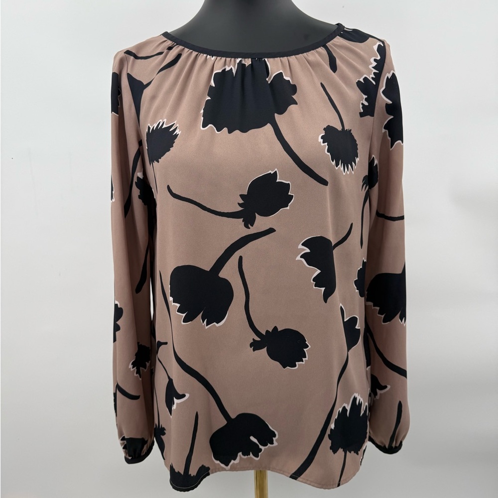 LOFT Taupe Blouse with Black Floral Print‎